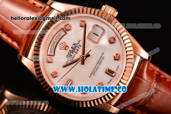 Rolex Day-Date Asia 2813/Swiss ETA 2836/Clone Rolex 3135 Automatic Rose Gold Case with Diamonds Markers and White MOP Dial (BP) - Click Image to Close